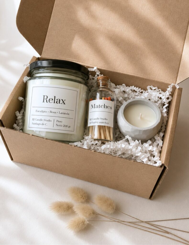 Caja de regalo Relax con vela aromática, cerillas y vela de té en tarro de cemento. BJ Candle Studio.