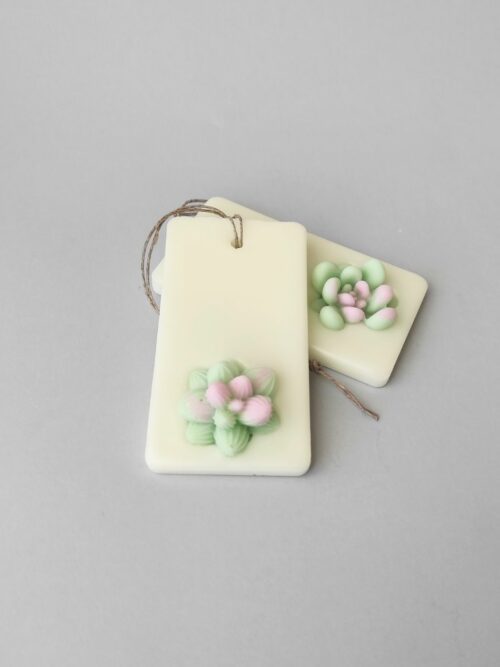 Dos ambientadores hechos a mano, Están decorados con una suculenta en tonos verde y rosado. Los ambientadores son blancos.
