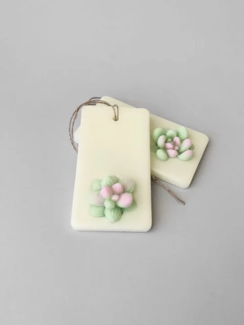 Dos ambientadores hechos a mano, Están decorados con una suculenta en tonos verde y rosado. Los ambientadores son blancos.