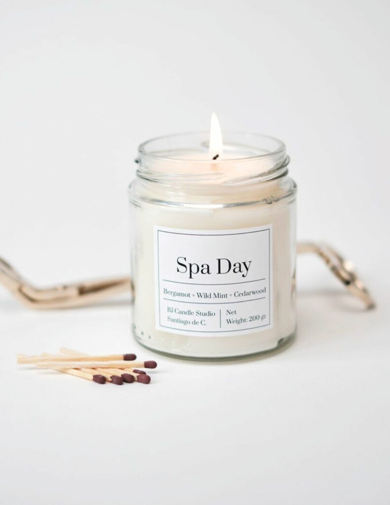vela vegana hecha a mano con cera de soja. Se llama Spa Day y está encendida con unas cerillas al lado decorando la escena, de estilo minimalista.