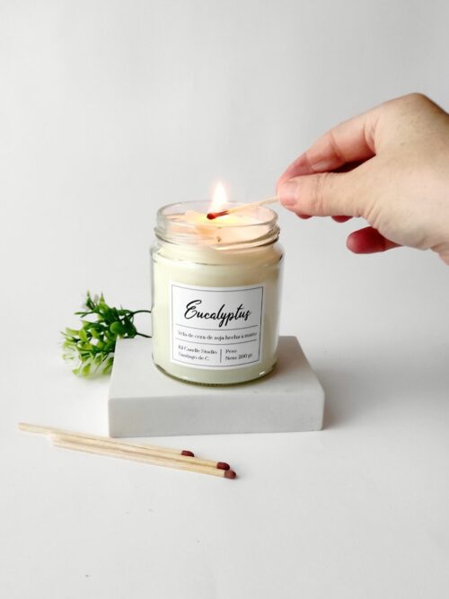 Vela de soja con aroma a eucalipto encendida y con unas hojas decorativas al lado y unas cerillas