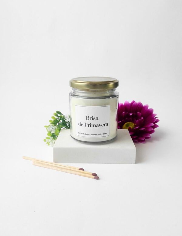 Vela de soja artesanal Brisa de Primavera con flor rosa y verde, estilo natural