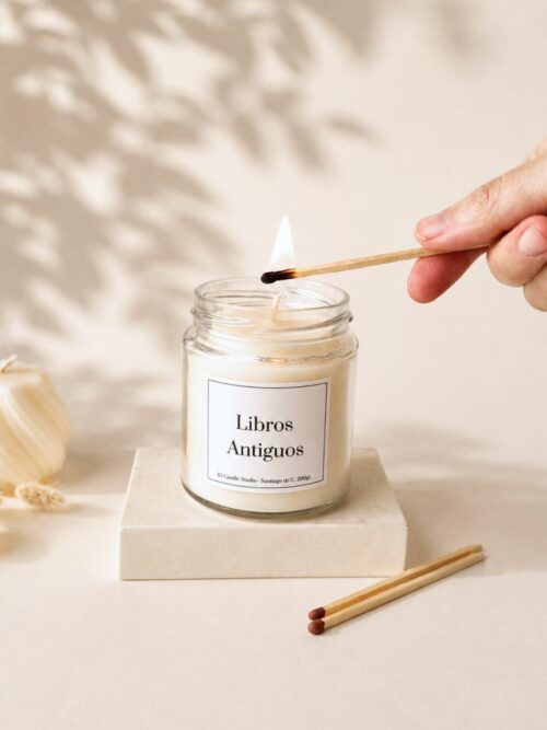 Una mano encendiendo la vela aromática Libros Antiguos con una cerilla. Estilo minimalista.