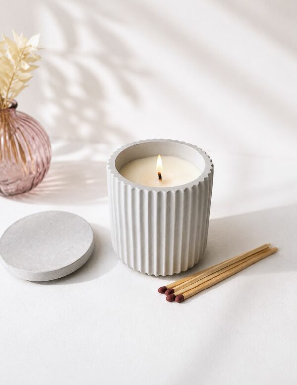Vela artesanal Fresh Linen encendida, hecha a mano con cera de soja en tarro de cemento. BJ Candle Studio