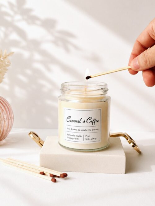 vela con olor a café hecha con cera de soja y una mano encendiéndola con una cerilla. BJ Candle Studio