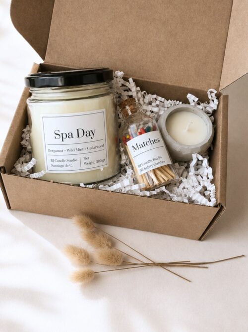 Caja de regalo Spa con vela, cerillas y mini vela en tarro de cemento. BJ Candle Studio.