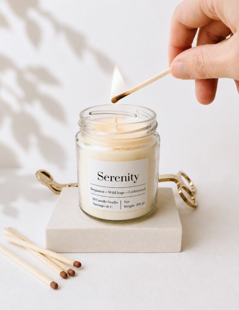 vela aroma relajante serenity. Hecha a mano con cera de soja. BJ Candle Studio.